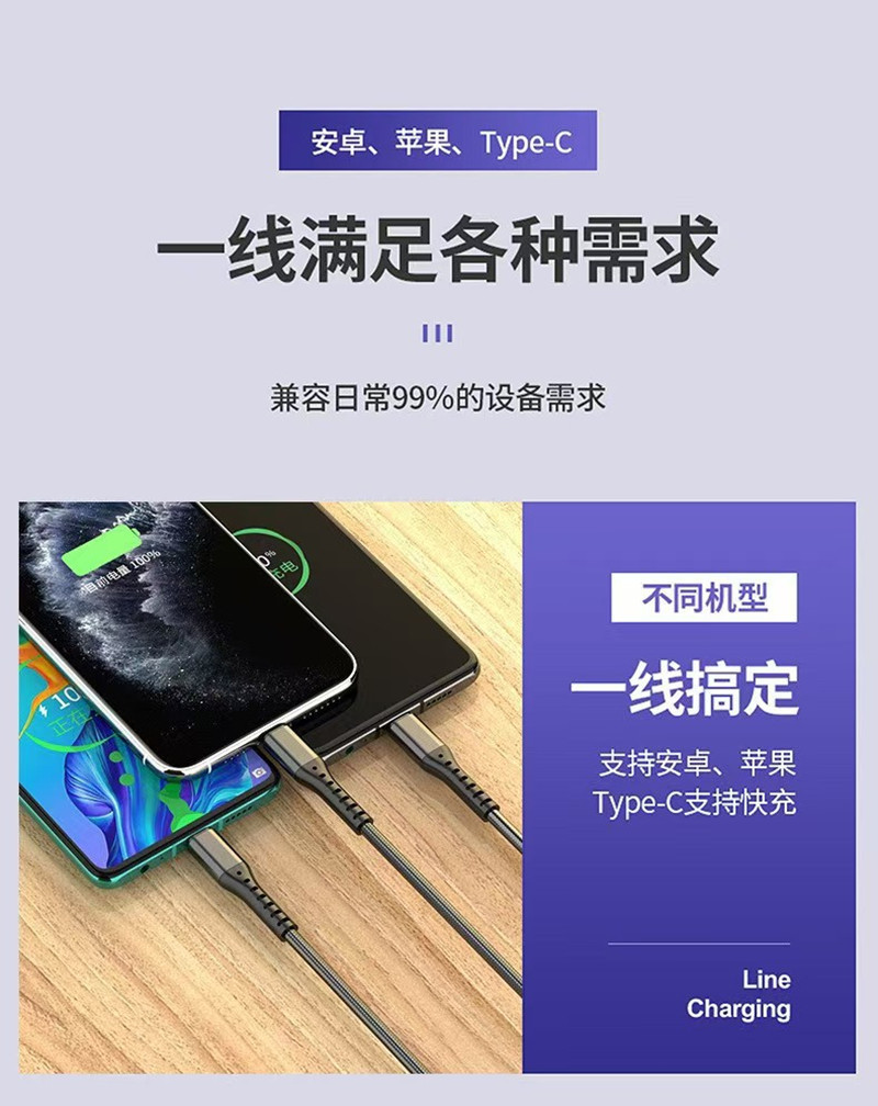现货批发渔网一拖三数据线适用安卓苹果华为type-c三合一超级快充