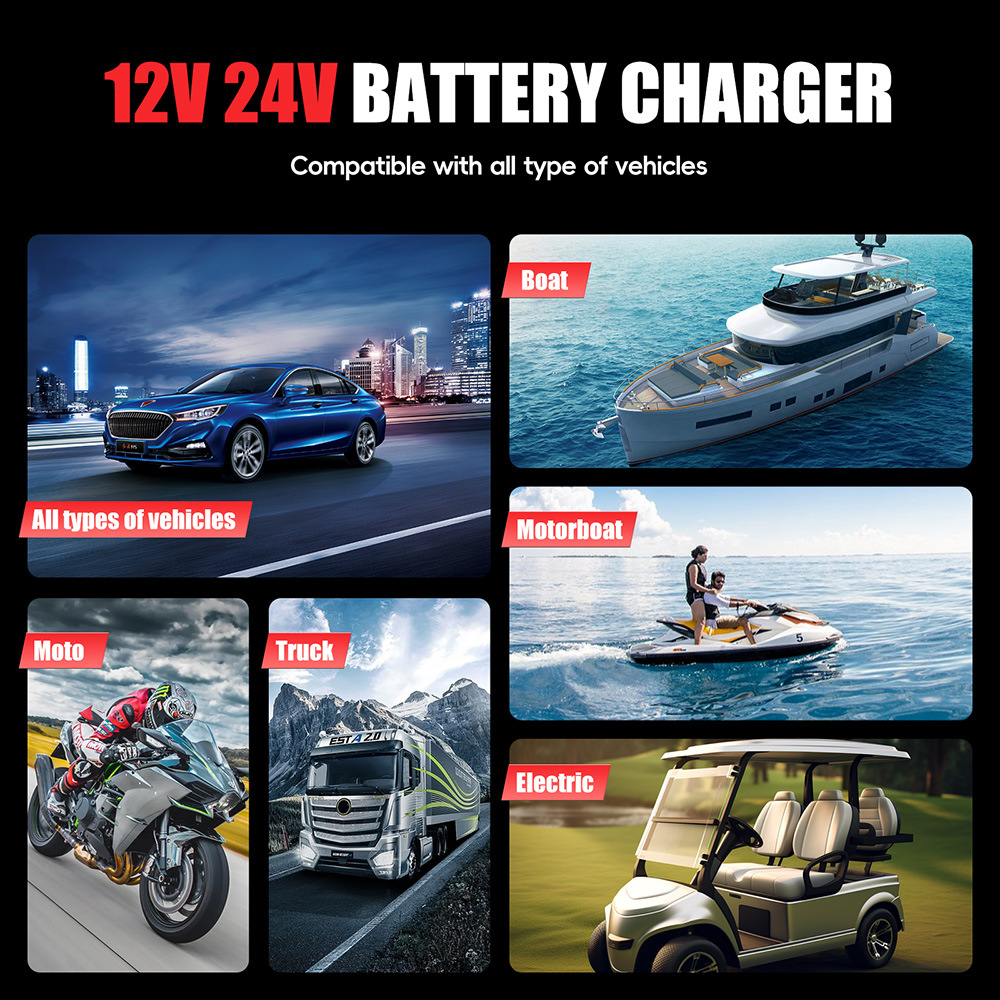 12V10A 24V5A battery charger, lead-acid battery charging and pulse repair device, red, European standard