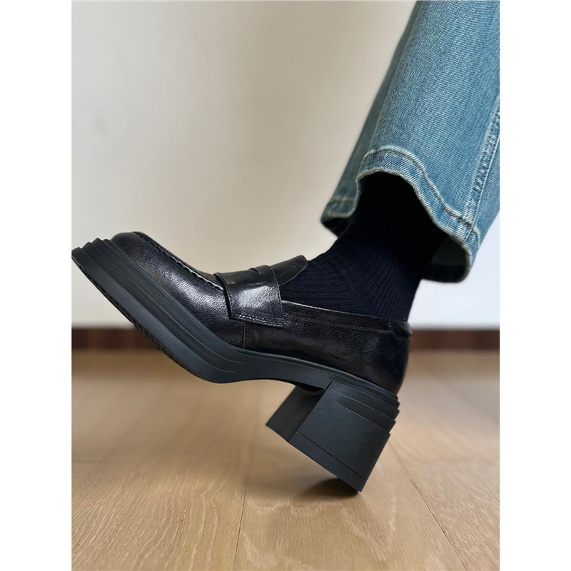 7Cm~Silent-Soled Soft Leather Thick-Soled Loafers for Women, Thick-Heeled High-Heeled Shoes for Girls, Small Leather Shoes for Height Increase