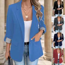 2025大码欧美新款时尚休闲纽扣西服修身七分卷袖西装外套女