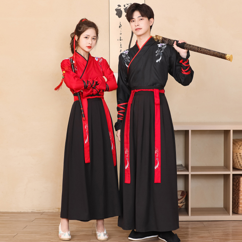 Modified Ancient Chinese-Style Hanfu for Women, Chinese Fairy-Style Martial Arts Clothing, Ancient-Style Cross-Collar Male Student Class Uniform, Female Graduate Photo of a Martial Artist