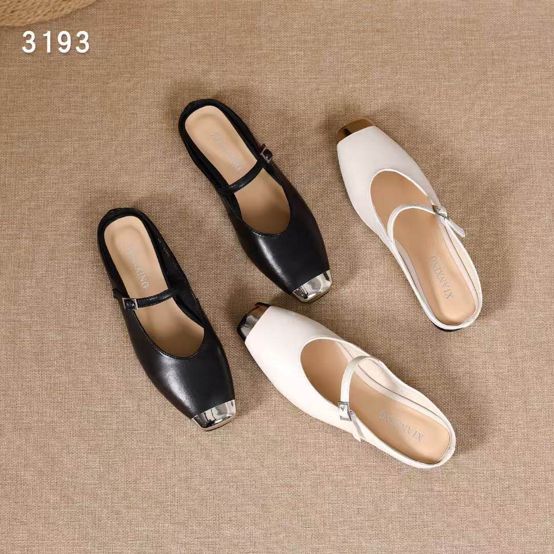 Dép sandal nữ quai chữ V mũi nhọn đế bệt da thật — màu đen chi tiết 9