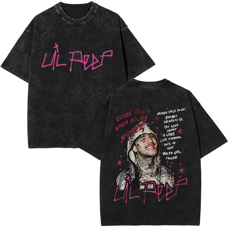 Washed Vintage Rapper Lil Peep Double-Sided Printed T-Shirt Unisex Fashion Hip-Hop Oversized Short-Sleeve T-Shirt Street Style
