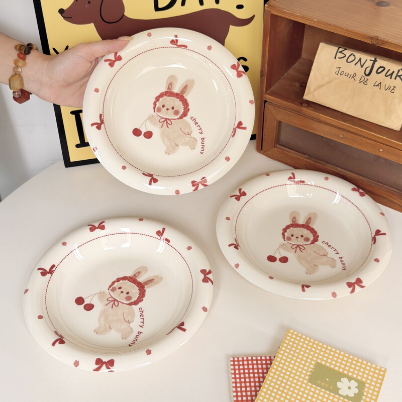Cute Rabbit Ceramic Dinnerware Set 2025 New Model for Home Use, High Aesthetic Value, Perfect for Housewarming and Wedding Gifts, Complete Set of Bowls and Plates