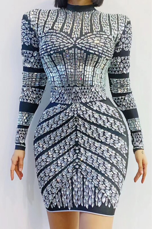 Sexy shiny rhinestone jumpsuit hip skirt cocktail party prom evening dress