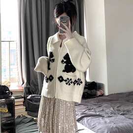 兔子提花翻领拉链毛衣外套女秋冬日系复古慵懒风撞色软糯针织开衫