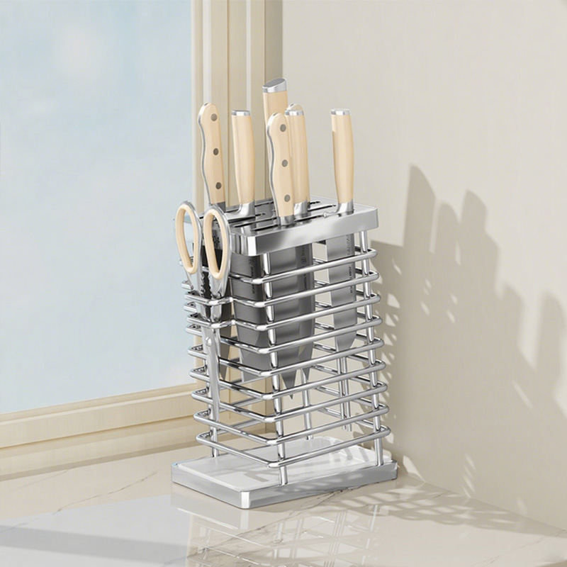 Stainless Steel Knife Holder Storage Rack Kitchen Knife Holder Integrated Household Storage Multi-Functional Knife Holder Countertop Drain Rack
