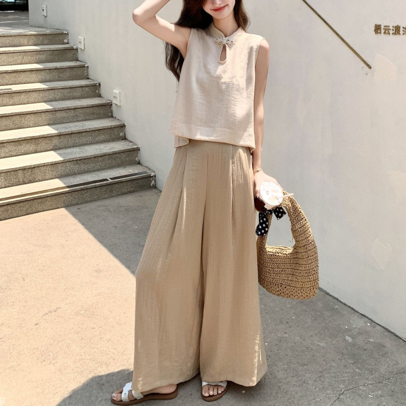 轻国风时尚盘扣无袖上衣阔腿裤套装女夏新款高级感气质显瘦两件套|undefined