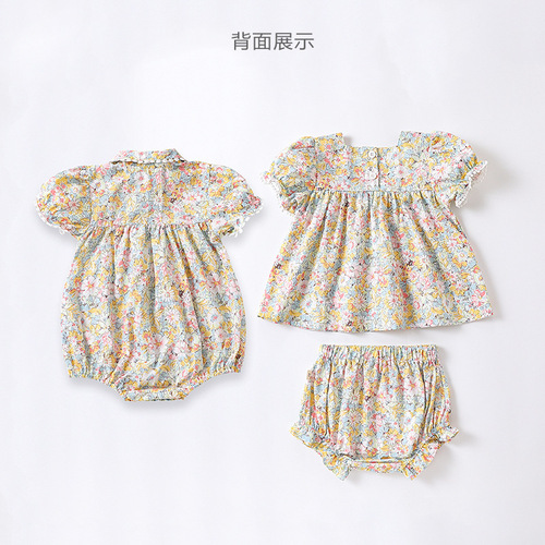 2024 summer baby fashionable girls floral princess bag fart clothes baby sweet crawling clothes baby short-sleeved suit