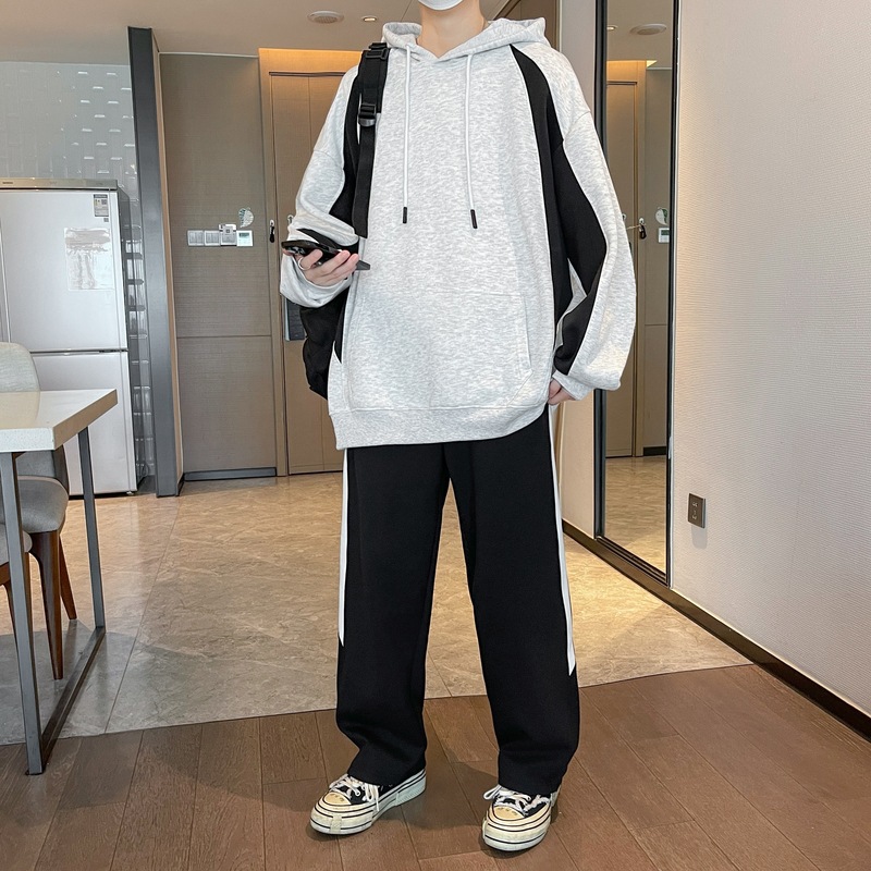 Suede suelta, juego de deportes casuales para hombres, primavera y otoño, nuevo estilo de moda con capuzas, pantalones rectos de moda juvenil, dos piezas