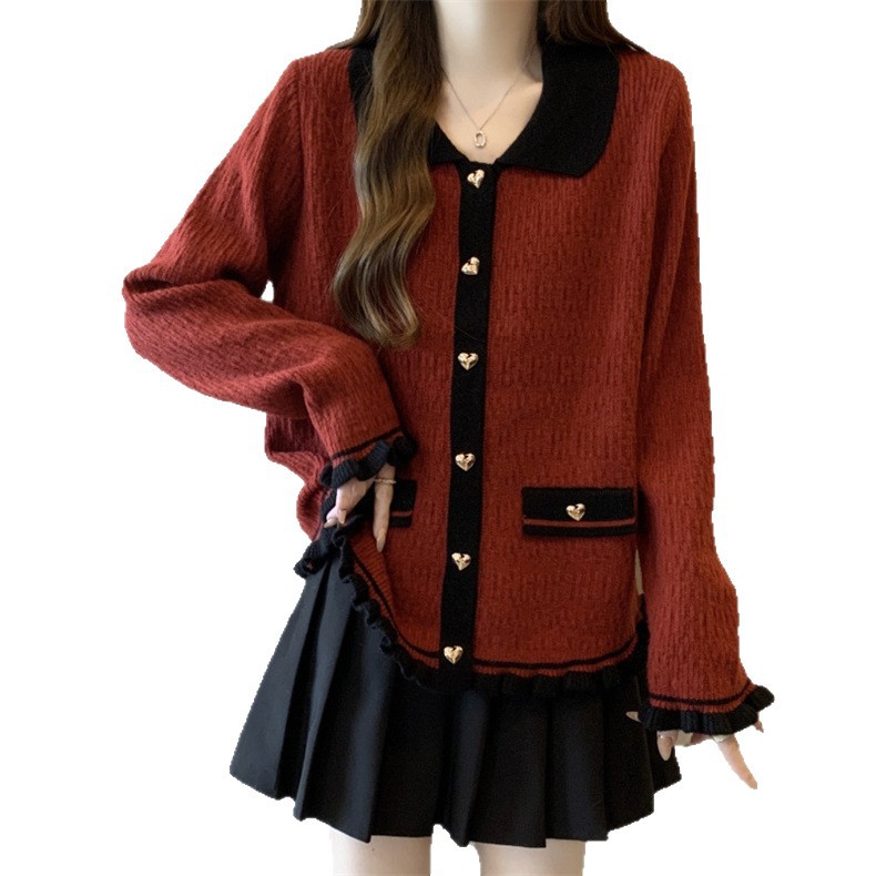 hombro francés pequeño viento fragrante borde de auricular con solapa de color contraste camiseta de punto suéter de mujeres de otoño y invierno temperamento delgado abrigo abdominal