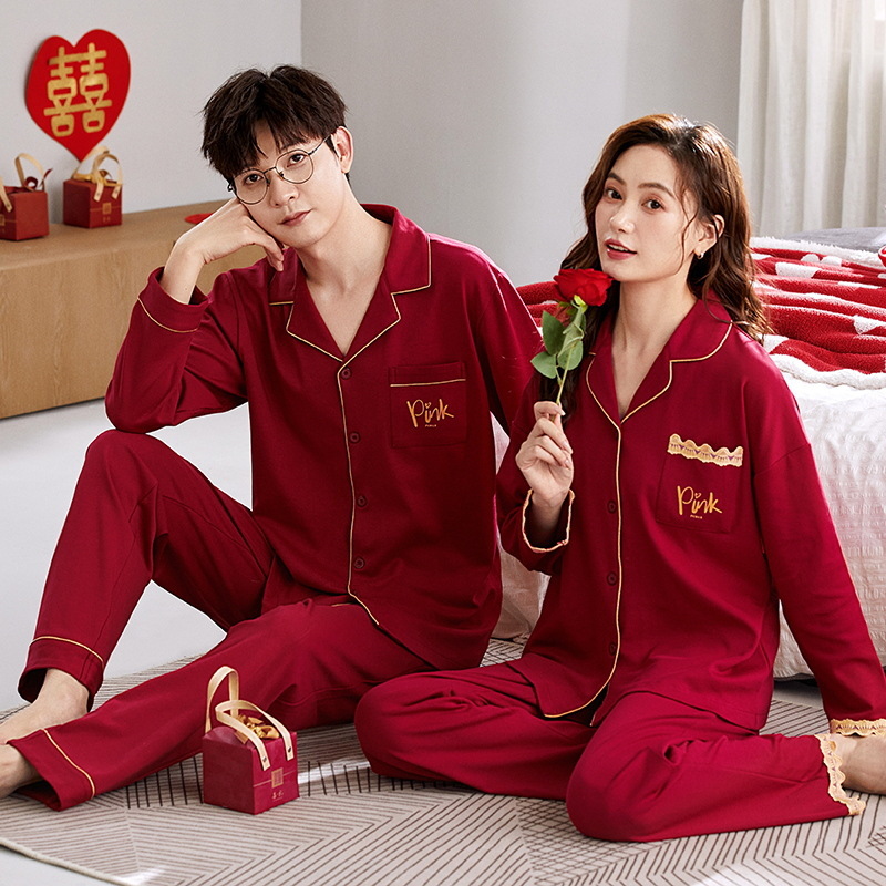 Wedding wedding couple cardigan pajamas autumn and winter red cotton birth year one male and one female cartoon home wear suit