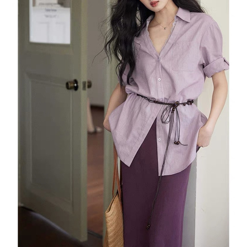 [Jinshu] Linen Cotton Elegant Lace V-neck Shirt Women's Lapel Loose Half Sleeve Commuter Top Belt