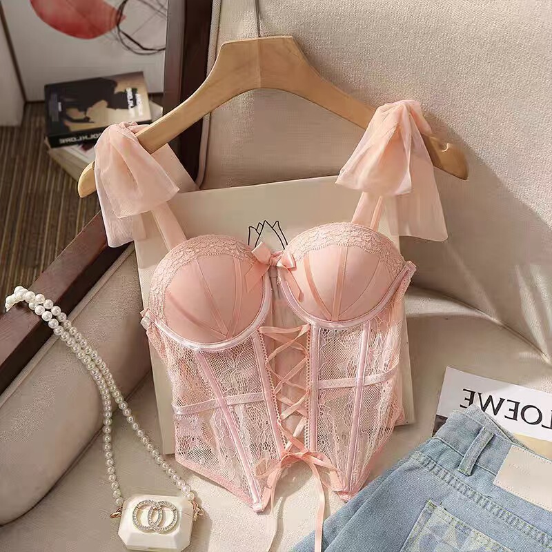 Fishbone Pure Desire Lace Bra Shapewear with Chest Pads, Slimming Tie-Up Sexy Top, French-Style Corset Vest