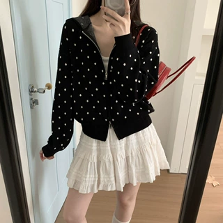 韩系复古波点连帽双拉链针织开衫女秋冬新款宽松显瘦短款毛衣外套