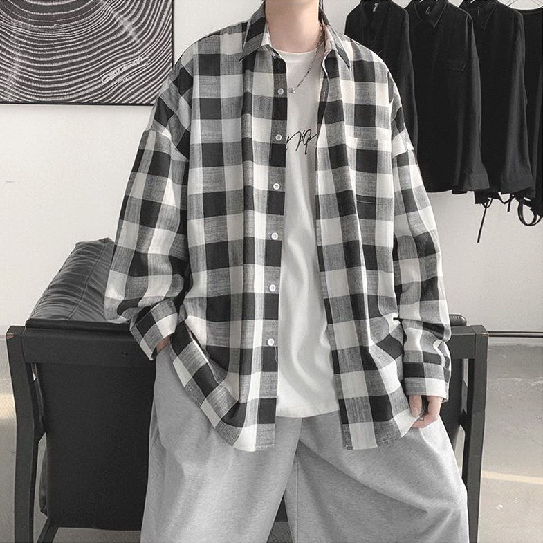 Camisa a cuadros de los hombres ins Hong Kong estilo japonés celebridad en línea Pu Shuai top estilo coreano moda guapo suelta camisa de manga larga hombres