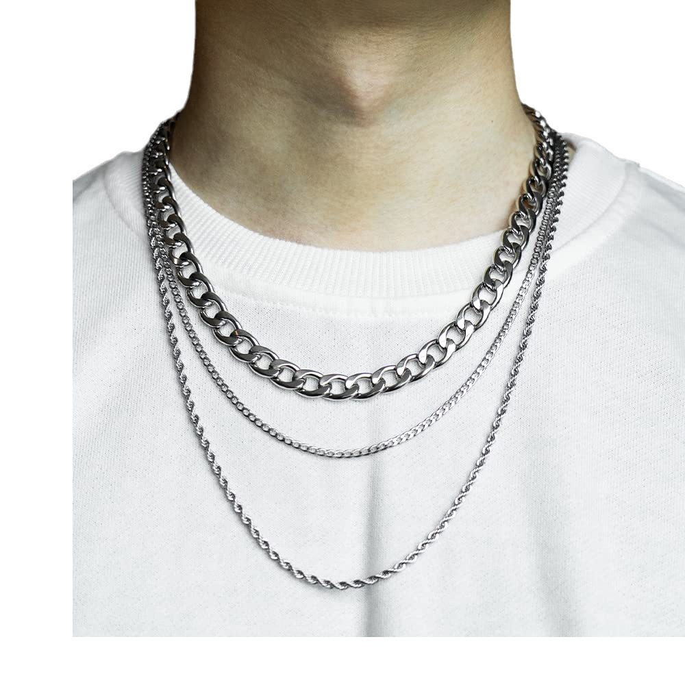 Stainless Steel Cuban Chain Necklace For Men Silver Double Layer_voghion.com