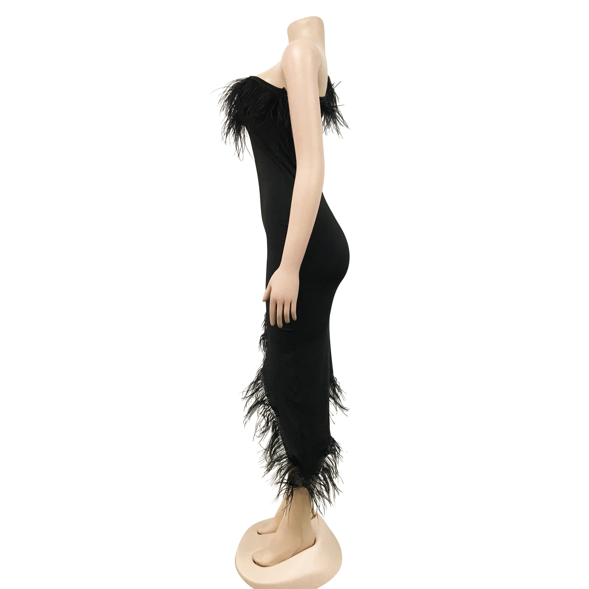 Einfarbiges, ärmelloses Wickelrockkleid mit V-Ausschnitt für Damen und Neujahrsabendkleid mit unregelmäßigen Federn_voghion.com
