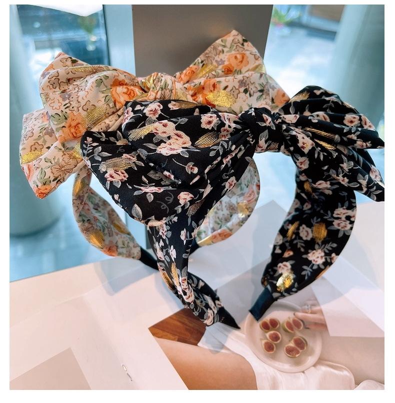 Retro Floral Double Bow Headband display picture 3