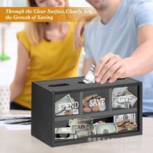 现货实木分格存钱罐家用儿童美元硬币钞票零钱盒木质储蓄罐可挂墙