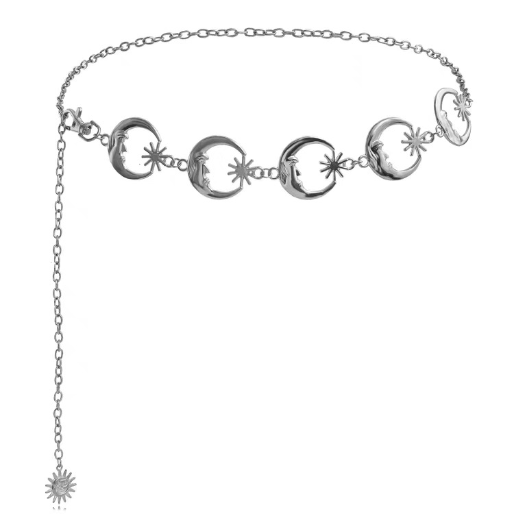 Cadena de cintura punk europea y americana, cinturón de cadena de luna dorada para mujer gótica, cintura plateada, cadena de metal ajustable