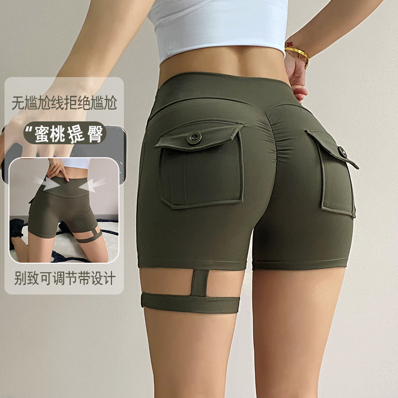 European and American Workwear Yoga Shorts Skinny with Legs Ring Peach Hip Sports Hot Pants 2024 New Marathon