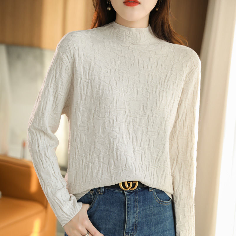 2024 Autumn and Winter New Solid Color Knitted Sweater Artistic Retro Threaded Long Sleeve Half Turtleneck Sweater Base Shirt Top for Women