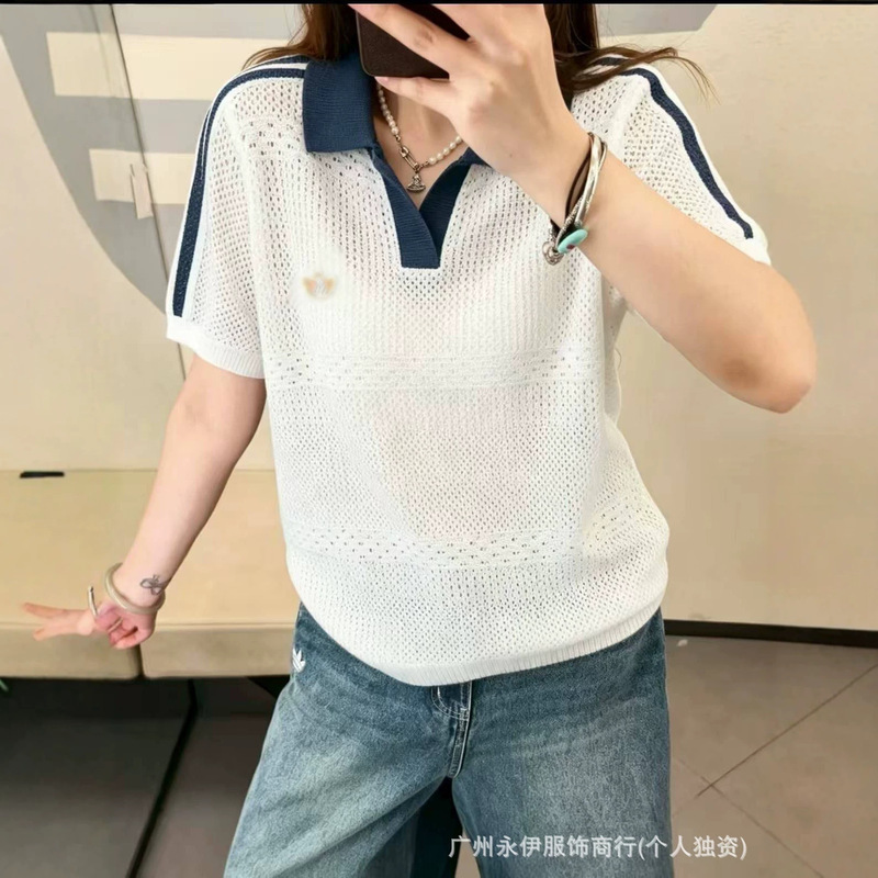 2026 Summer New Clover Embroidery Style Lapel Knitted Mesh Sports Casual Short-Sleeve Hollow-Out Knit Top