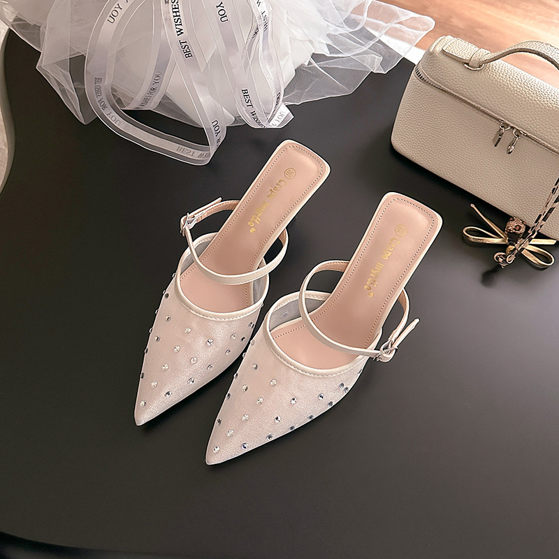 Sandalias de Tacón Delgado para Mujer 6cm de Malla con Pedrería Transpirable para Fiestas y Eventos