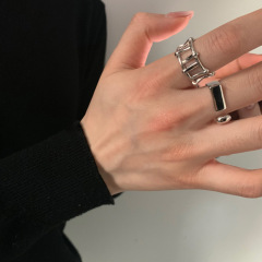 韓版S925銀感嘆號戒指女復古個性柵欄拼接幾何開口指環氣質食指戒