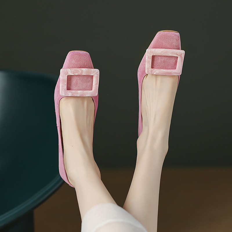 Sheepskin Chunky Heel Single Shoes for Women, Pink Square Buckle Mid-Heel Shoes for Spring and Autumn, Elegant Socialite Style Square-Toe High Heels to Match with Skirts Sheepskin Chunky Heel Single Shoes for Women, Pink Square Buckle Mid-Heel Shoes for Spring and Autumn, Elegant Socialite Style Square-Toe High Heels to Match with Skirts