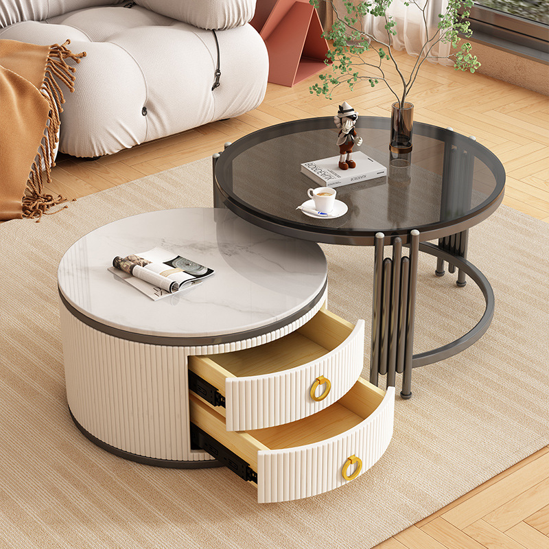 Tabla de té moderna de vidrio de roca personalizada combinación de tamaño para sala de estar simple retráctil redonda pequeña casa adecuada