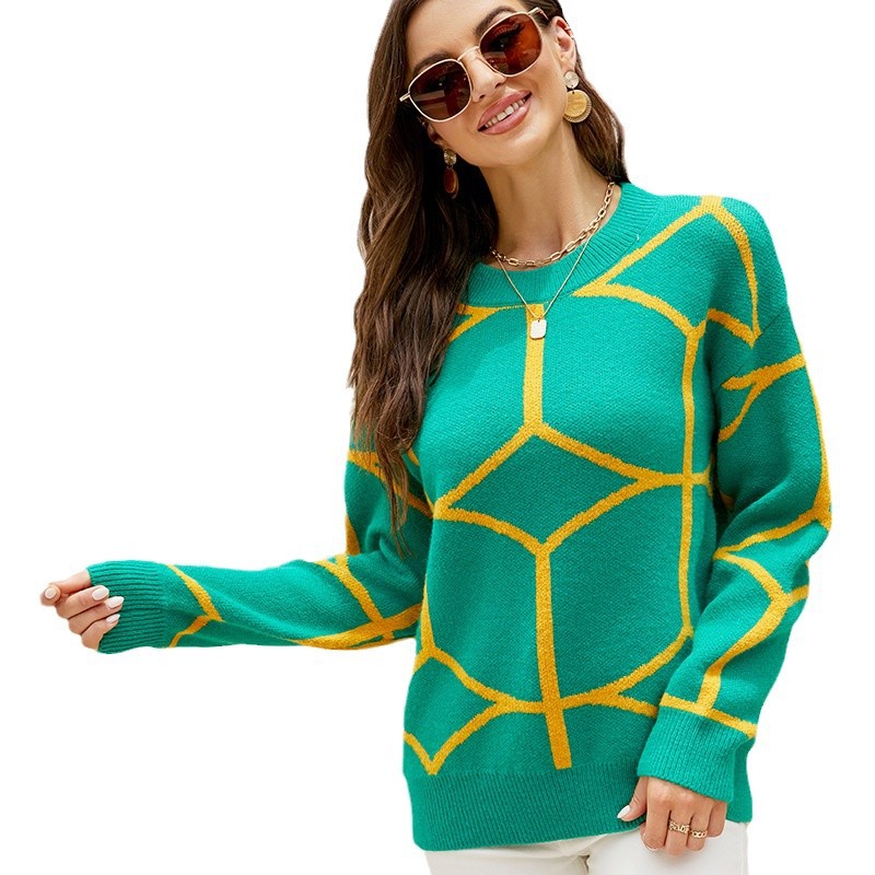 European and American cross-border foreign trade women's sweater autumn and winter round neck long-sleeved sweater geometric line jacquard knitted top for women