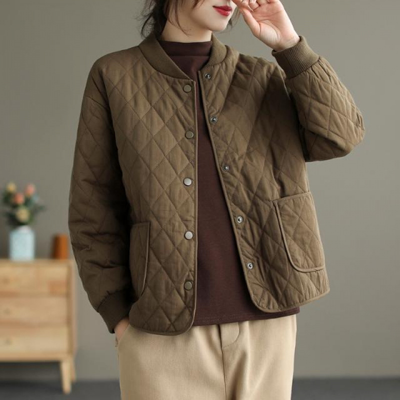 Cotton Padded Jacket for Women Autumn/Winter Gingham Filled Thin Down Jacket 2025 New Arrival Mother's Dress Short Sleeve Solid Color Outerwear