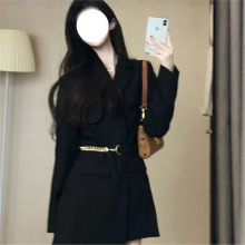 大码胖mm长袖收腰显瘦小黑裙女春秋气质高级感西装连衣裙子200斤