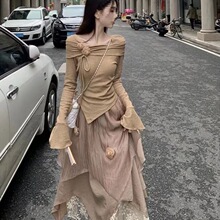 修身气质套装设计春季不规则半身裙感感潮女氛围一字肩上衣两件套