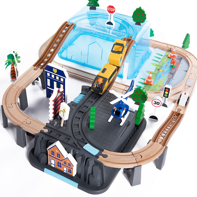 Transfronterizos 70 piezas vagón tren pequeño conjunto de madera para niños puzzle bloques ensamblados juguetes para niños niñas