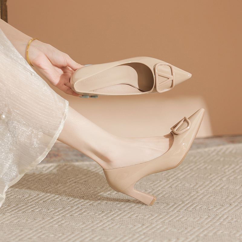 X803-A16 Pointed High Heels V Buckle Shallow Mouth Thick Heel 2025 Summer New Women's Shoes That Are Not Tiring for the Feet