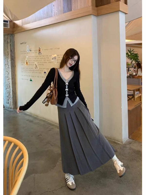 假两件短款蝴蝶结韩系修身长袖针织衫百褶半身长裙女早秋休闲套装|undefined