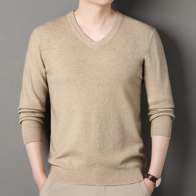 Men's Autumn and Winter New V-Neck Sweater, Thin Knitwear, Versatile Long-Sleeve Solid Color Base Knit Top for Middle-Aged Men