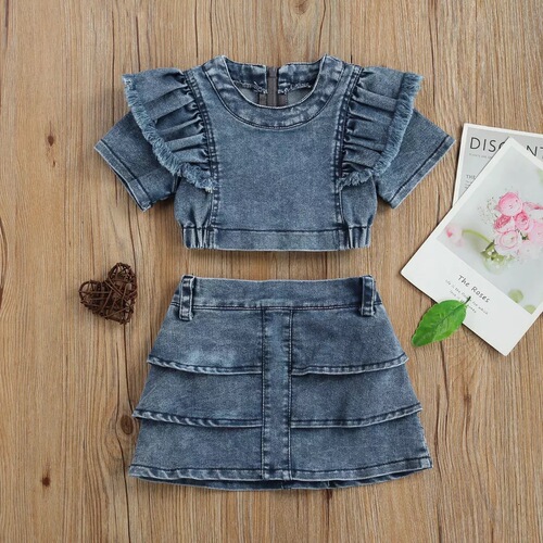 Cross-border European and American children's skirt suit  spring and summer new denim short-sleeved ruffle top and skirt two-piece trendy set