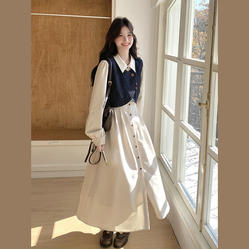 Off-White French Shirt Dress Suit for Women 2025 Spring New Style Gentle Denim Vest Long Skirt Two-Piece Set