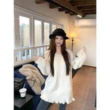 圆领波点长袖毛衣女2025冬季新款宽松木耳边下摆中长款休闲针织衫