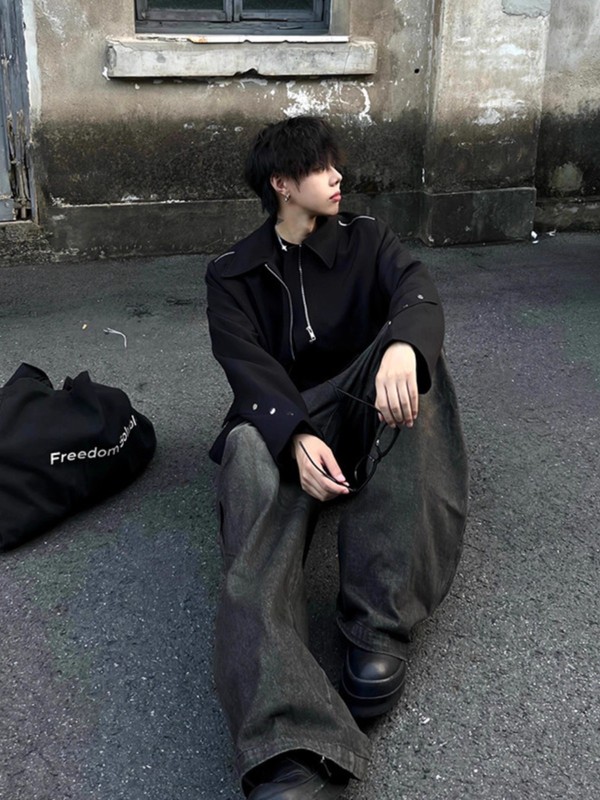 美式黑色外套男秋季新款正肩设计感小众高端痞帅时尚休闲简约夹克|undefined