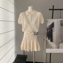 减龄两件套米兰中灰韩系针织套装娃娃领针织衫短袖上衣双层半身裙