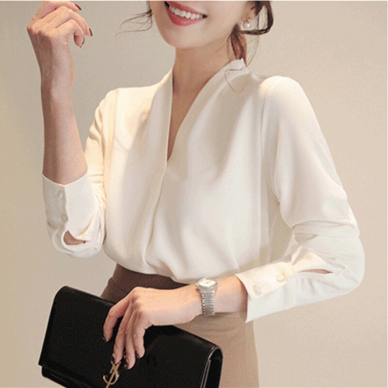 White Shirt Women's 2025 New White Shirt Korean Style V Neck Versatile Loose Professional Korean Style White Shirt Women's 2025 New White Shirt Korean Style V Neck Versatile Loose Professional Korean Style