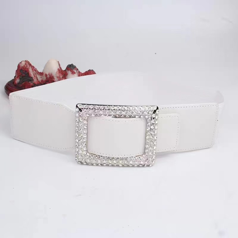 Ceinture large à boucle carrée pour manteau décoratif, insert élastique à la taille, ceinture élastique à strass pour femme, noir_voghion.com