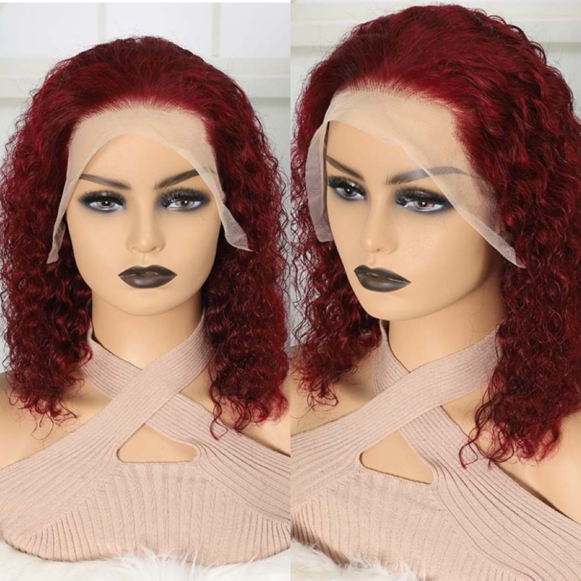 Fábrica de encaje antes de la peluca curva roja fibra química cubierta de cabeza de moda natural realista image 2