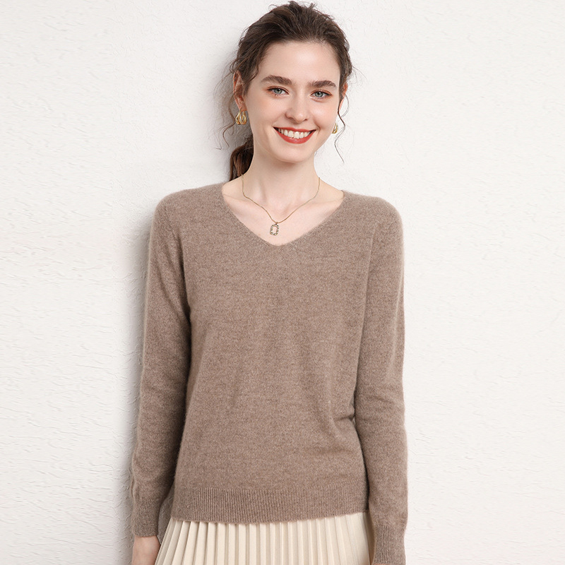 Frontline Garment Wool Sweater Women's V-neck Pullover Women's Loose Short Solid Color Long Sleeve 100 Wool Base Shirt Sweater