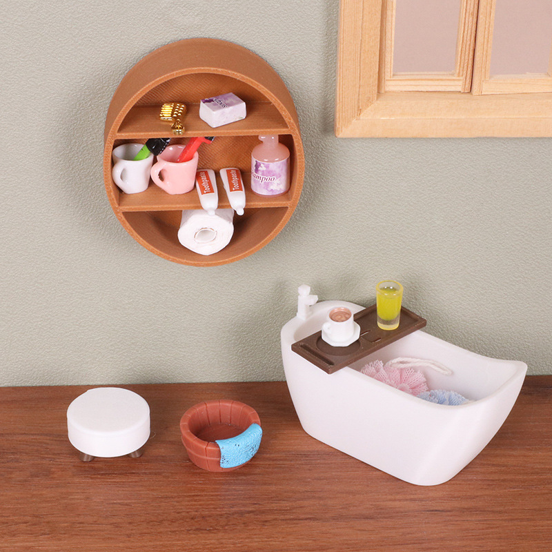 New Doll House Furniture Indoor Miniature Bathroom Scene Mini Bathtub Wall Shelf Storage Box Model